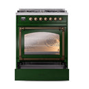 Emerald green propane range with open oven door, bronze frame, and control panel knobs