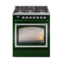 ILVE emerald green dual fuel range with lit oven behind triple glass door