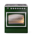 ILVE emerald green dual fuel range with closed oven glass window