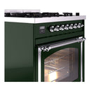 ILVE emerald green range with chrome control knobs and open oven door