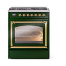 Emerald green dual fuel range with triple glass oven door and brass-trimmed controls