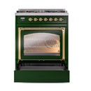 Emerald green dual fuel range with triple glass oven door closed, brass trim