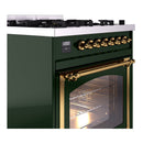 Emerald green range with brass rail handle and gold control knobs