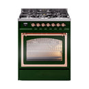 Emerald green dual fuel gas range with triple glass oven door and copper trim