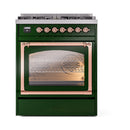 Emerald green dual fuel gas range with triple glass oven door and copper handle trim