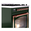 Emerald green gas range with copper-trimmed oven handle, control knob panel, and burners