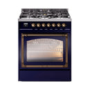 Midnight blue dual fuel range with triple-glass oven door and bronze-trim burner controls