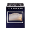 Midnight blue dual-fuel gas range with triple glass oven door and chrome trim