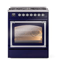 Midnight blue dual-fuel range with triple glass oven door and chrome control panel