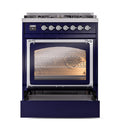 Midnight blue dual-fuel range with oven door open and interior racks visible