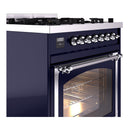 Midnight blue dual-fuel range showing chrome knobs and open oven door