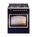 Midnight blue dual fuel range with brass accents; oven glass door closed.