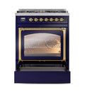 Midnight blue range with glass oven door, brass frame, and open lower drawer