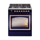 Midnight blue dual-fuel range with copper trim, glass oven door and cooktop burners