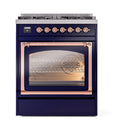 Midnight blue dual fuel range oven with illuminated glass door and copper handle