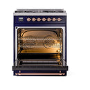 Midnight blue dual-fuel range with copper trim, oven interior with racks and warm light