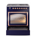 Midnight blue dual-fuel range with copper trim and closed triple glass oven door