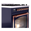 Midnight blue dual-fuel range side view with copper knobs and lit oven window