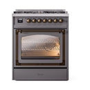 ILVE dual fuel range with bronze control knobs and triple glass oven door, oven lit