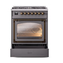 ILVE dual fuel range oven with triple glass door open, interior light and racks visible