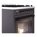 ILVE dual fuel range side view with bronze knobs and oven door window