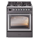 Dual-fuel gas range with oven door window and top burner control knobs in matte graphite