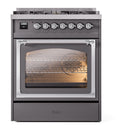 Dual-fuel gas range in matte graphite with chrome trim; open oven door window visible