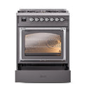 Dual-fuel gas range in matte graphite with chrome door frame; oven window shown