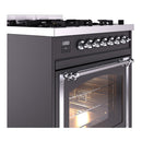 Dual-fuel gas range control panel with chrome knobs and oven door opening