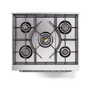 Dual-fuel gas cooktop with four round burner heads and black grate pattern
