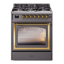 Matte graphite gas range with open oven and brass-trimmed triple glass door