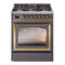 ILVE Nostalgie II Noblesse 30-Inch 4.0 Cu. Ft. Propane Gas Dual Fuel Range with 5 Burners and Triple Glass Door in Matte Graphite with Brass Trim (UN30NMPMGGLP)