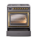 Matte graphite oven with brass-trimmed triple glass door and stovetop knobs across top
