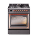 Matte graphite ILVE dual fuel range with triple-glass oven door and copper trim