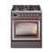 ILVE Nostalgie II Noblesse 30-Inch 4.0 Cu. Ft. Natural Gas Dual Fuel Range with 5 Burners and Triple Glass Door in Matte Graphite with Copper Trim (UN30NMPMGP)