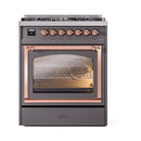 Matte graphite range with copper-trim oven door window and front control knobs