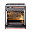 ILVE matte graphite dual fuel range with open oven and copper heating trim