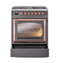 Graphite range with open oven door, copper handle, and wire rack inside