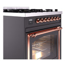 Matte graphite range with copper-trim knobs and lit oven glass door window