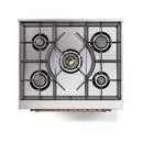 ILVE matte graphite gas cooktop with five burners and black cast-iron grates