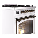 ILVE dual fuel range corner view with bronze knobs and open oven door