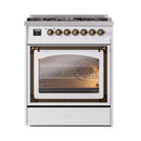 ILVE dual fuel range with bronze control knobs and lit oven interior behind glass door