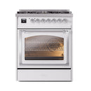 ILVE dual fuel range oven closed with glass door and control panel, chrome details