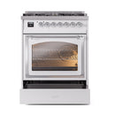 ILVE dual fuel range oven with large glass door and interior racks, control panel above