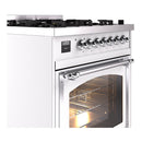 ILVE dual fuel range with front control knobs and open oven door, chrome accents