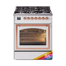 Dual fuel gas range with lit oven and copper-trimmed door, white body with RAL label