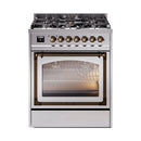 Stainless steel gas range with bronze-trim knobs and oven door window