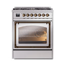 Front view dual fuel range with bronze-trim windowed oven door and control knobs