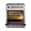 Dual fuel range with open oven door, bronze-trim glass window, and interior racks
