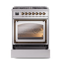Stainless steel gas range with bronze-trim control panel and oven window door open